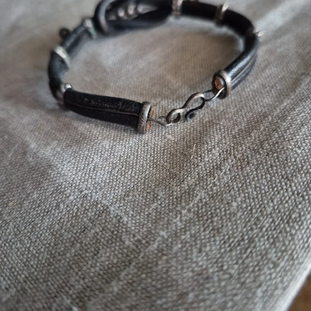 Black Leather and Silver Wire Wrap Unisex Bracelet